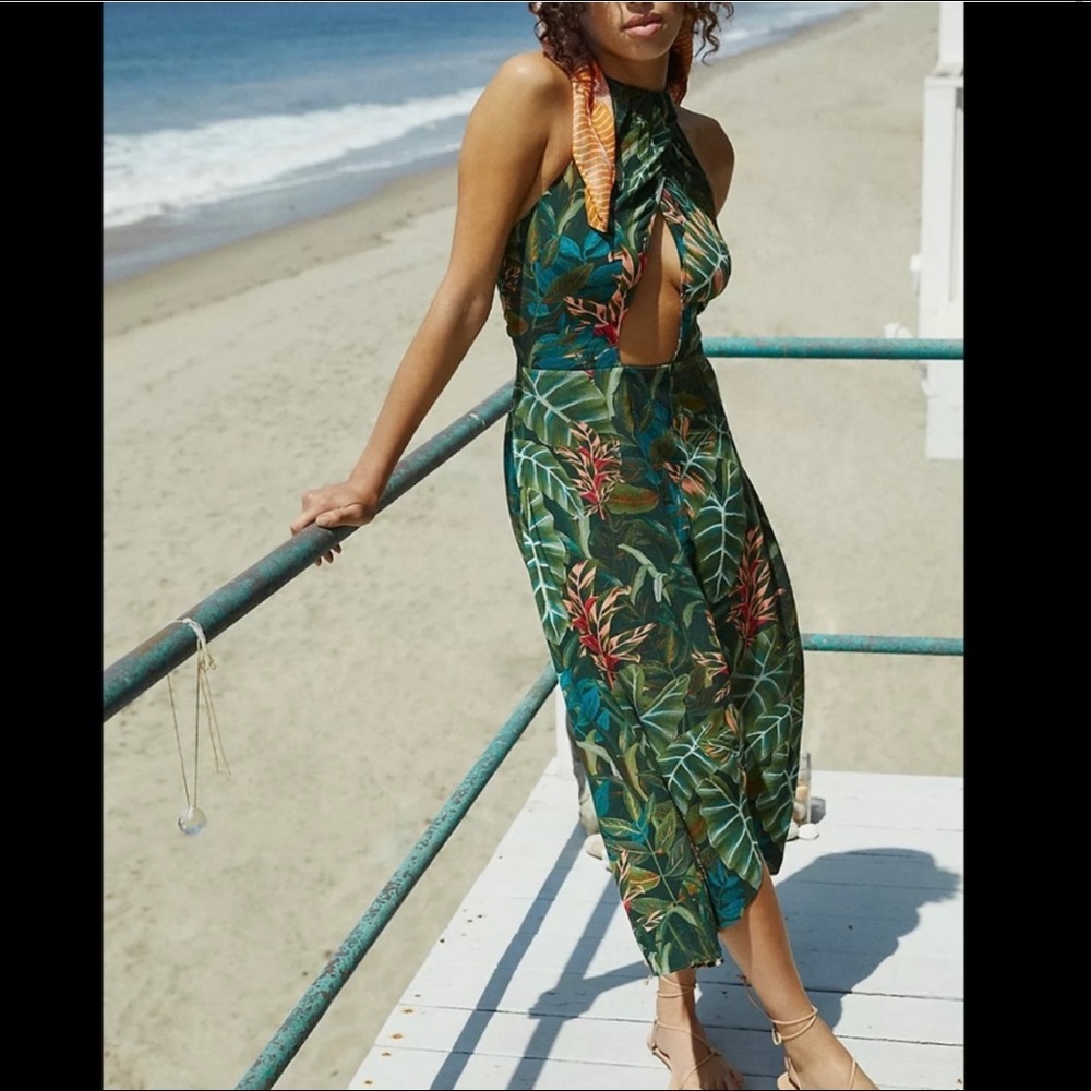 farm rio foliage jungle cut out halter midi dress